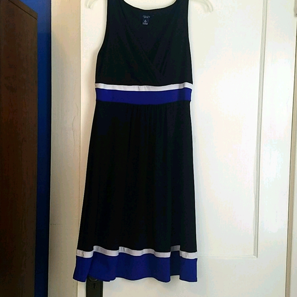 Chaps black dress with blue and white stripes